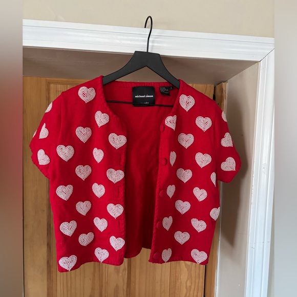 VTG 1999 Michael Simon Red/White Beaded Heart Cardigan,Valentines, Sweetheart, M - Picture 13 of 14